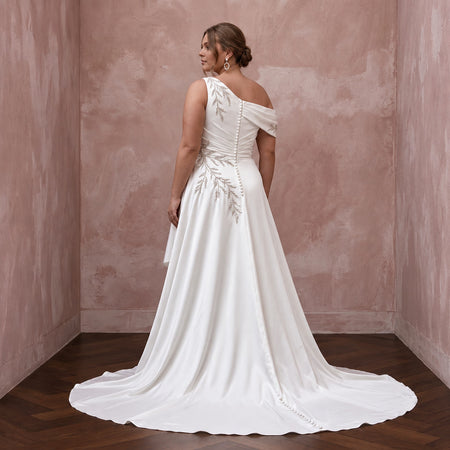 Plus Size Pearl White Silk Draped Bodice Asymmetrical Wedding Dress