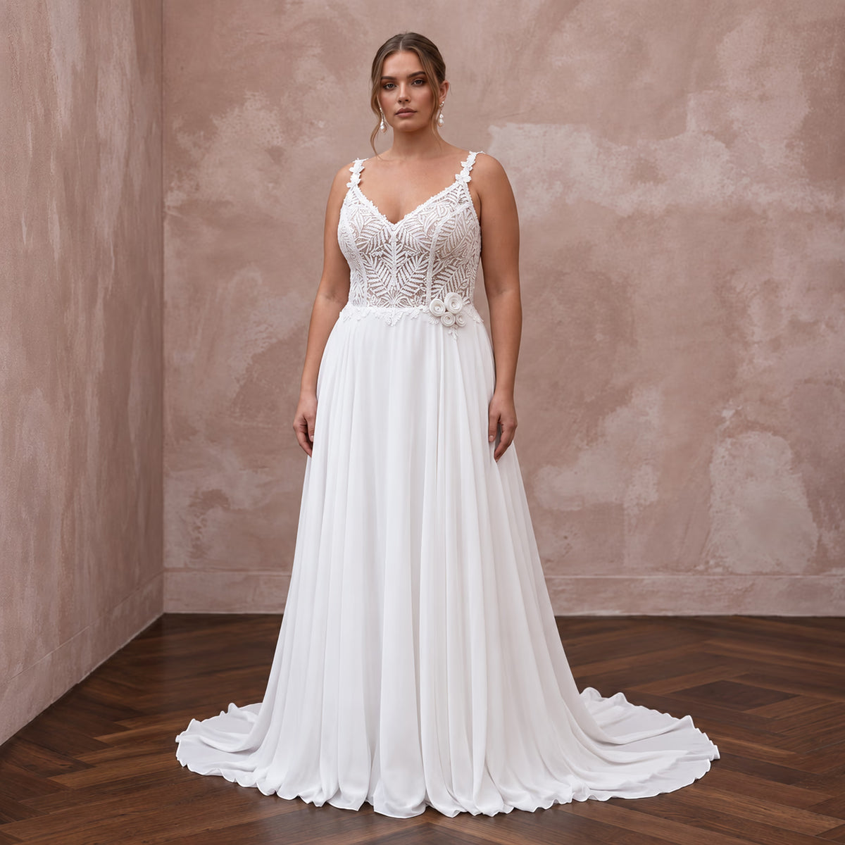 Plus Size Pure White Lace Bodice Chiffon Skirt A-Line Gown Main image
