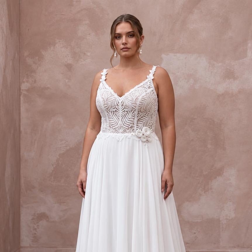 Plus Size Pure White Lace Bodice Chiffon Skirt A-Line Gown