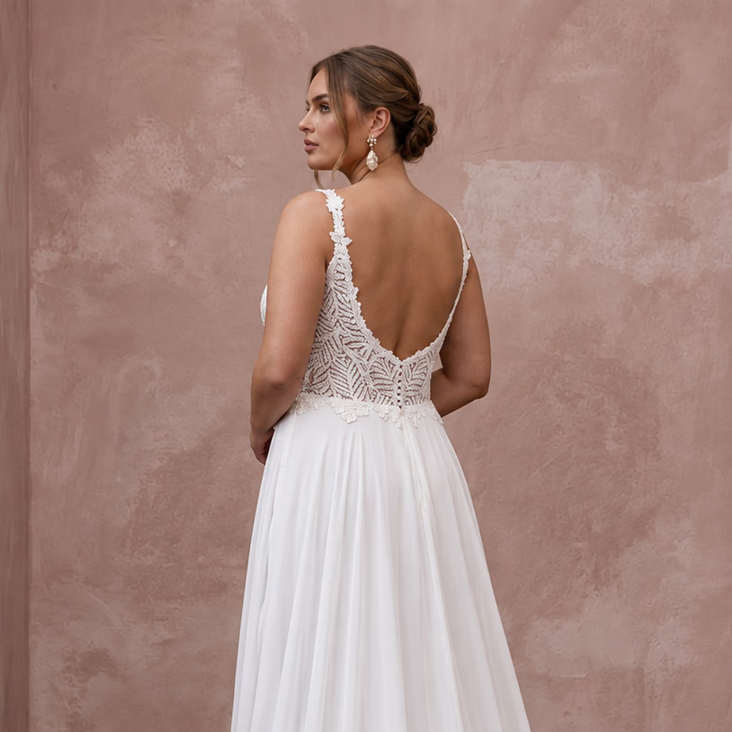Plus Size Pure White Lace Bodice Chiffon Skirt A-Line Gown