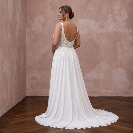 Plus Size Pure White Lace Bodice Chiffon Skirt A-Line Gown