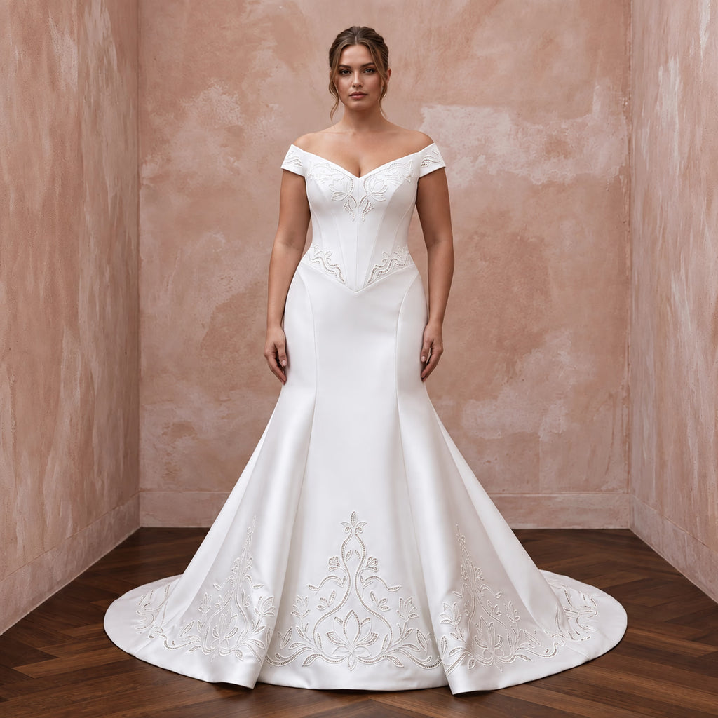 Plus Size Pure White Mikado Basque Waist Fit-and-Flare Gown