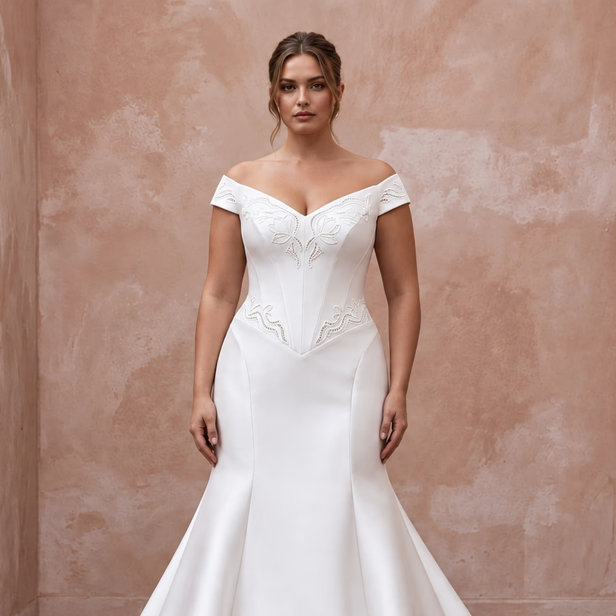 Plus Size Pure White Mikado Basque Waist Fit-and-Flare Gown