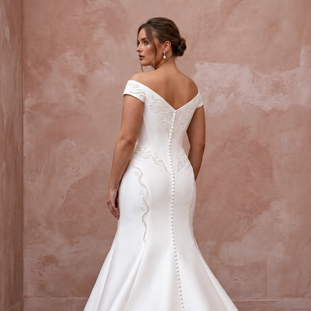 Plus Size Pure White Mikado Basque Waist Fit-and-Flare Gown