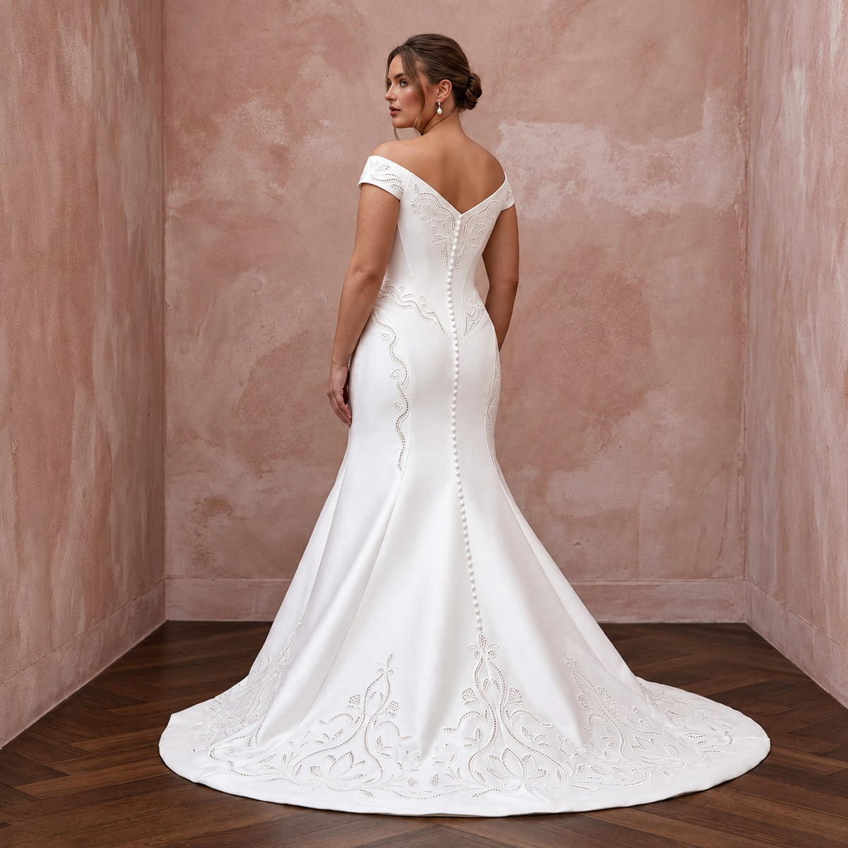 Plus Size Pure White Mikado Basque Waist Fit-and-Flare Gown