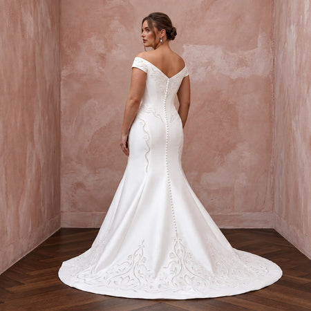 Plus Size Pure White Mikado Basque Waist Fit-and-Flare Gown