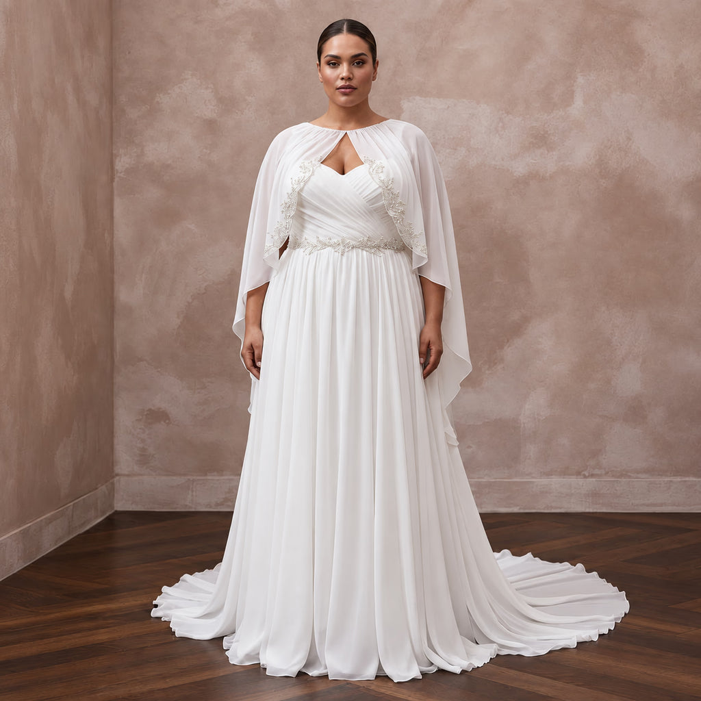 Plus Size Pure White Silk Chiffon Draped Capelet Bridal Gown