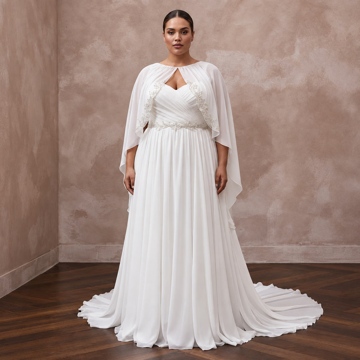 Plus Size Pure White Silk Chiffon Draped Capelet Bridal Gown