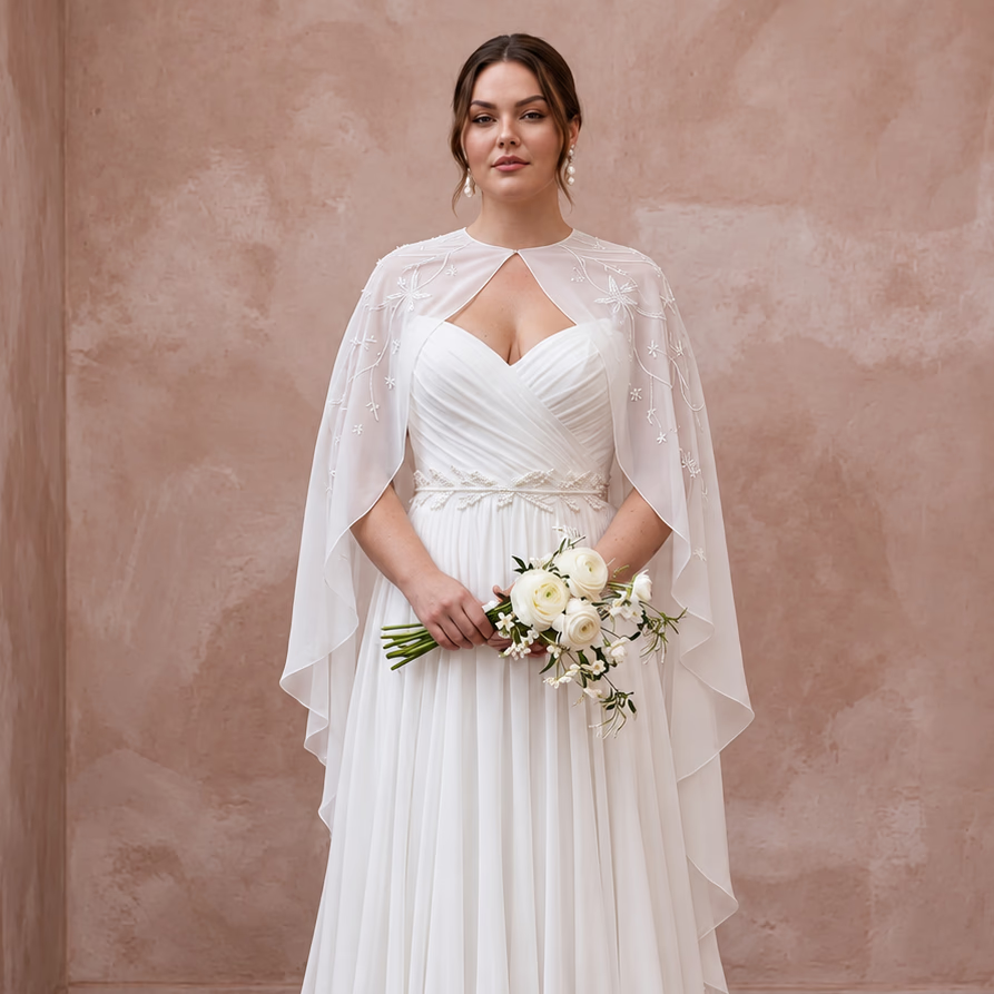Plus Size pure white silk chiffon bridal gown with draped capelet and floral bouquet. Elegant and sophisticated design.
