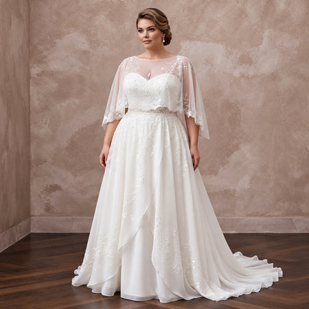 Plus Size Pure White Silk Chiffon Draped Capelet Bridal Gown