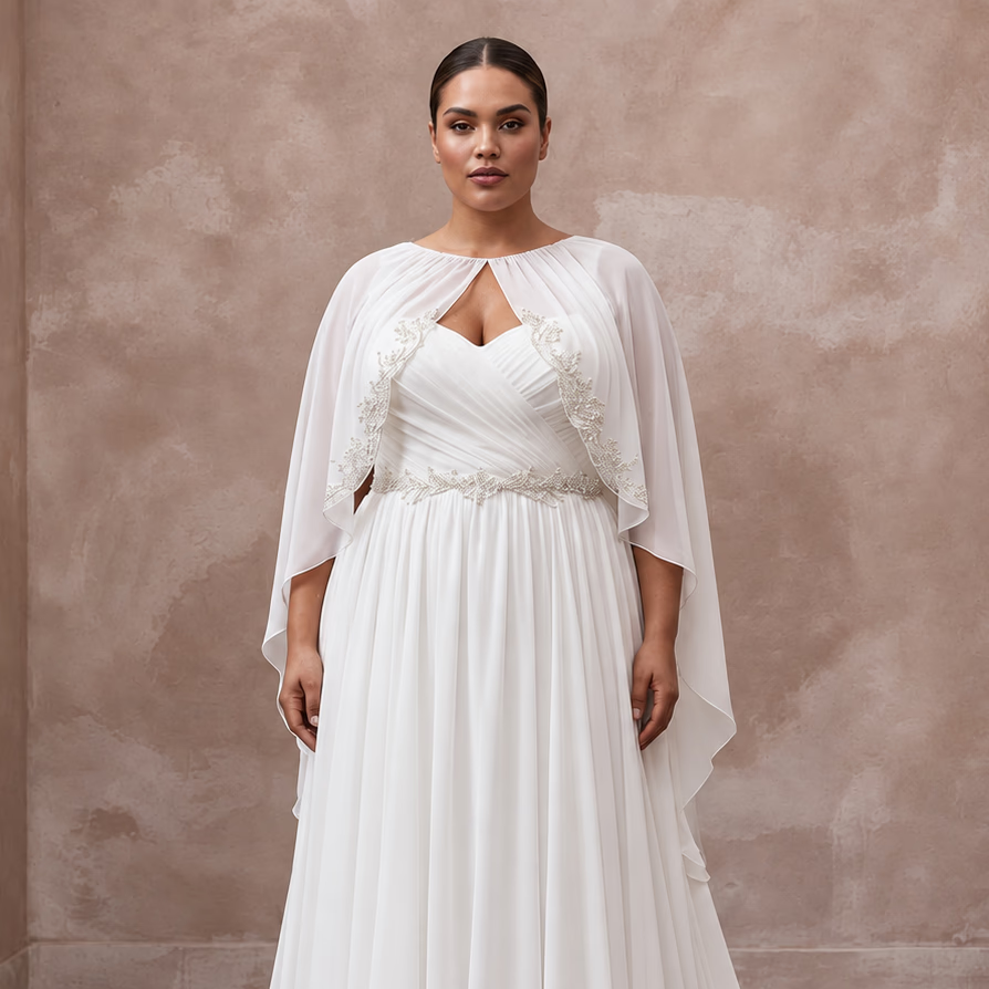 Plus Size Pure White Silk Chiffon Draped Capelet Bridal Gown