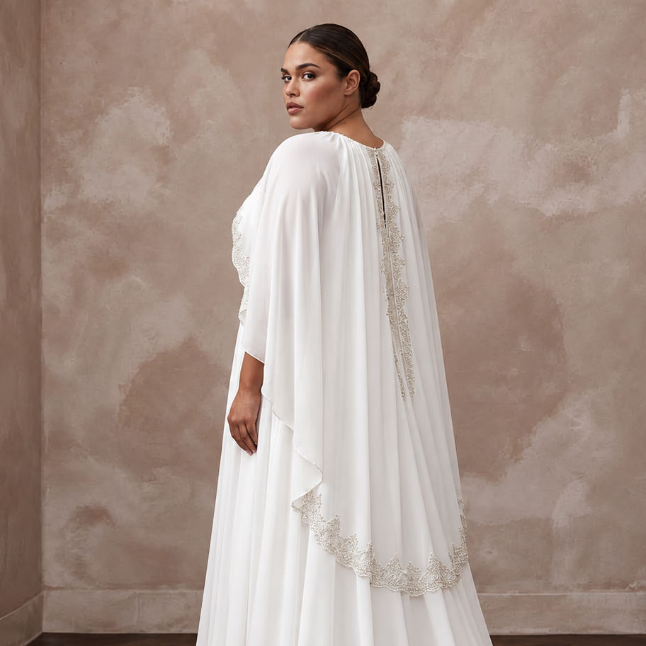 Plus Size Pure White Silk Chiffon Draped Capelet Bridal Gown
