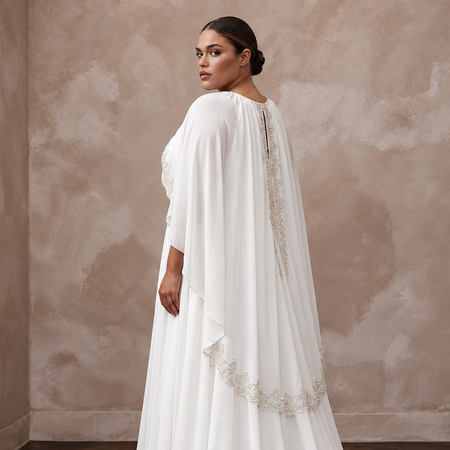 Plus Size Pure White Silk Chiffon Draped Capelet Bridal Gown