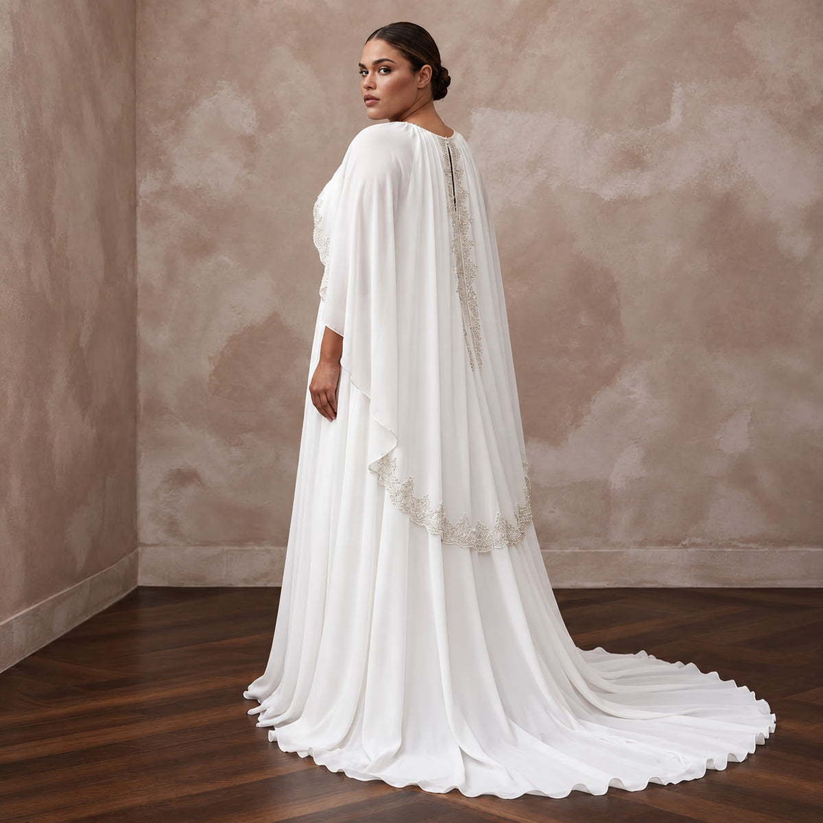 Plus Size Pure White Silk Chiffon Draped Capelet Bridal Gown