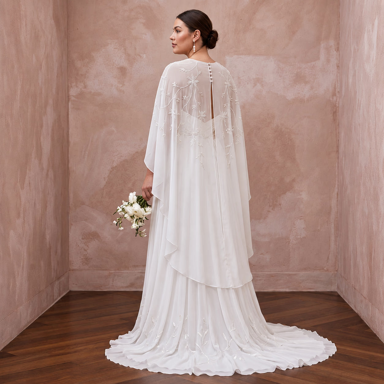 Plus Size Pure White Silk Chiffon Draped Capelet Bridal Gown Secondary image