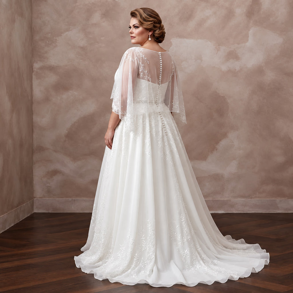Plus Size Pure White Silk Chiffon Draped Capelet Bridal Gown