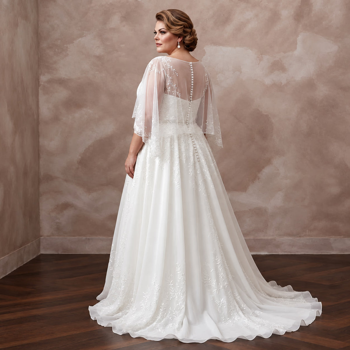 Plus Size Pure White Silk Chiffon Draped Capelet Bridal Gown