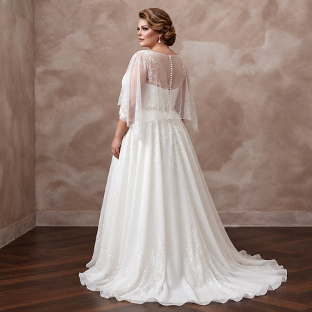 Plus Size Pure White Silk Chiffon Draped Capelet Bridal Gown