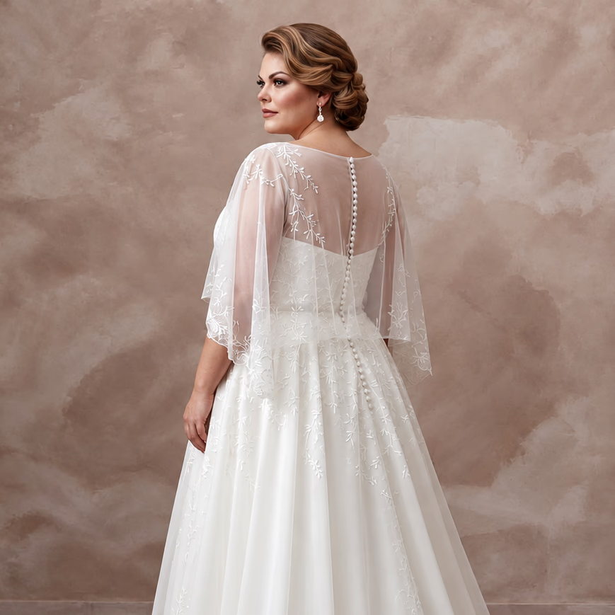 Plus Size Pure White Silk Chiffon Draped Capelet Bridal Gown