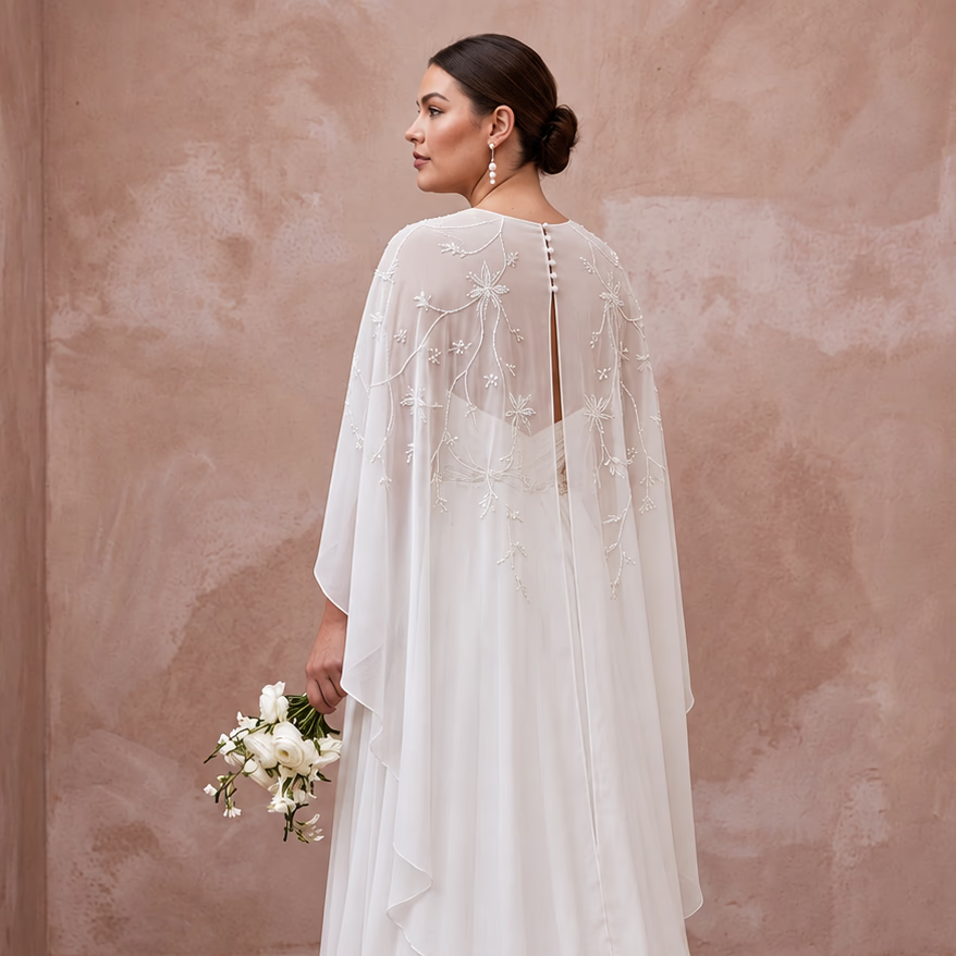 Plus size pure white silk chiffon draped capelet bridal gown with floral embroidery, perfect for a romantic wedding.