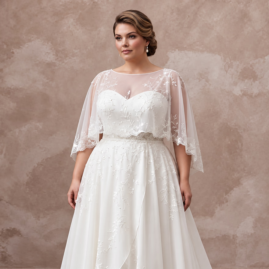 Plus Size Pure White Silk Chiffon Draped Capelet Bridal Gown