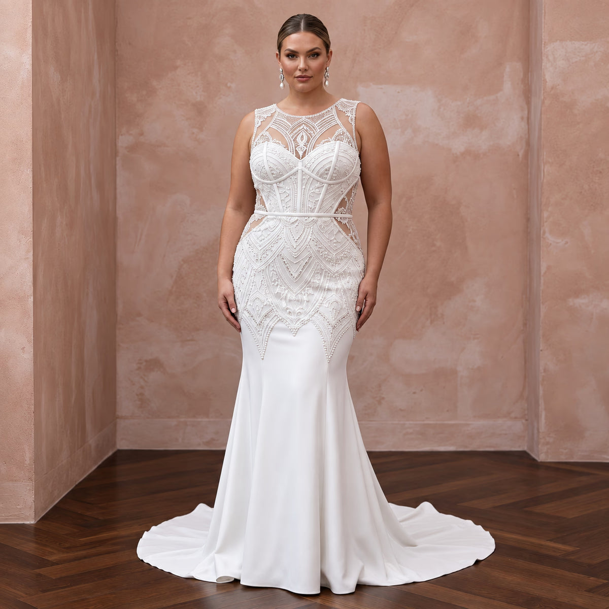 Plus Size Pure White Stretch Crepe Mermaid Gown with Illusion Back - Apparel & Accessories > Clothing > Wedding & Bridal Party Dresses > Wedding Dresses - Mignonette Bridal Main image