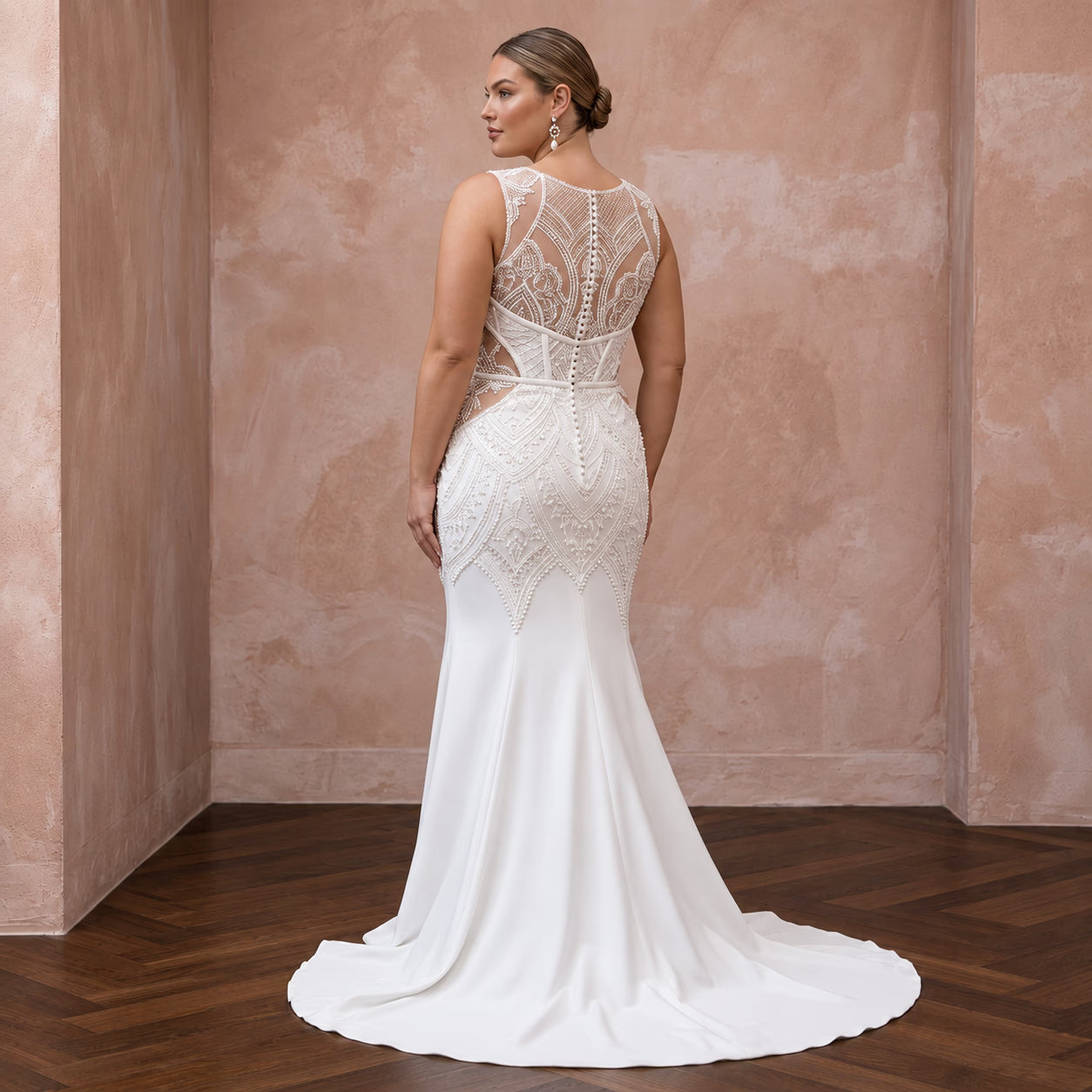 Plus Size Pure White Stretch Crepe Mermaid Gown with Illusion Back Secondary image
