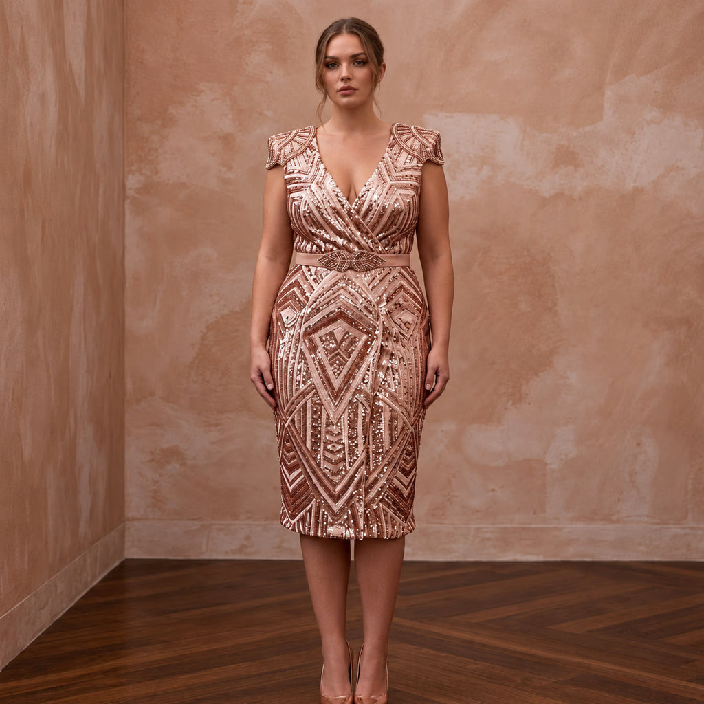 Plus Size Rose Gold Sequined Wrap Front Cocktail Dress