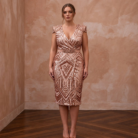 Plus Size Rose Gold Sequined Wrap Front Cocktail Dress