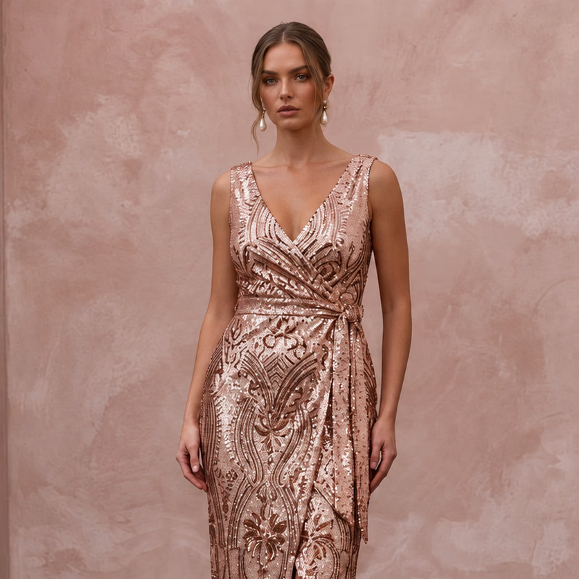 Plus Size Rose Gold Sequined Wrap Front Cocktail Dress