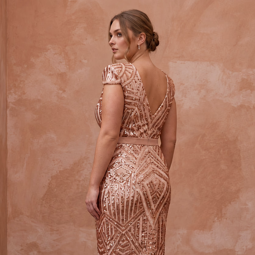 Plus Size Rose Gold Sequined Wrap Front Cocktail Dress