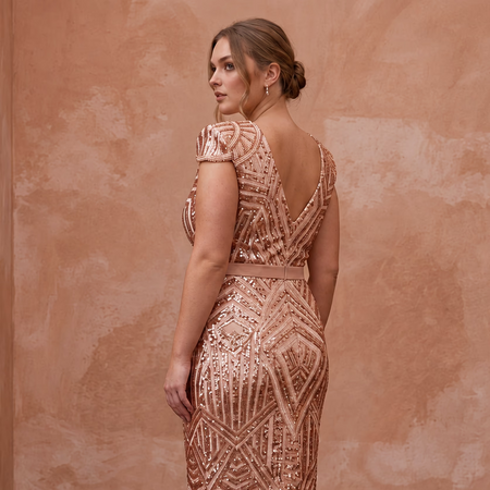 Plus Size Rose Gold Sequined Wrap Front Cocktail Dress