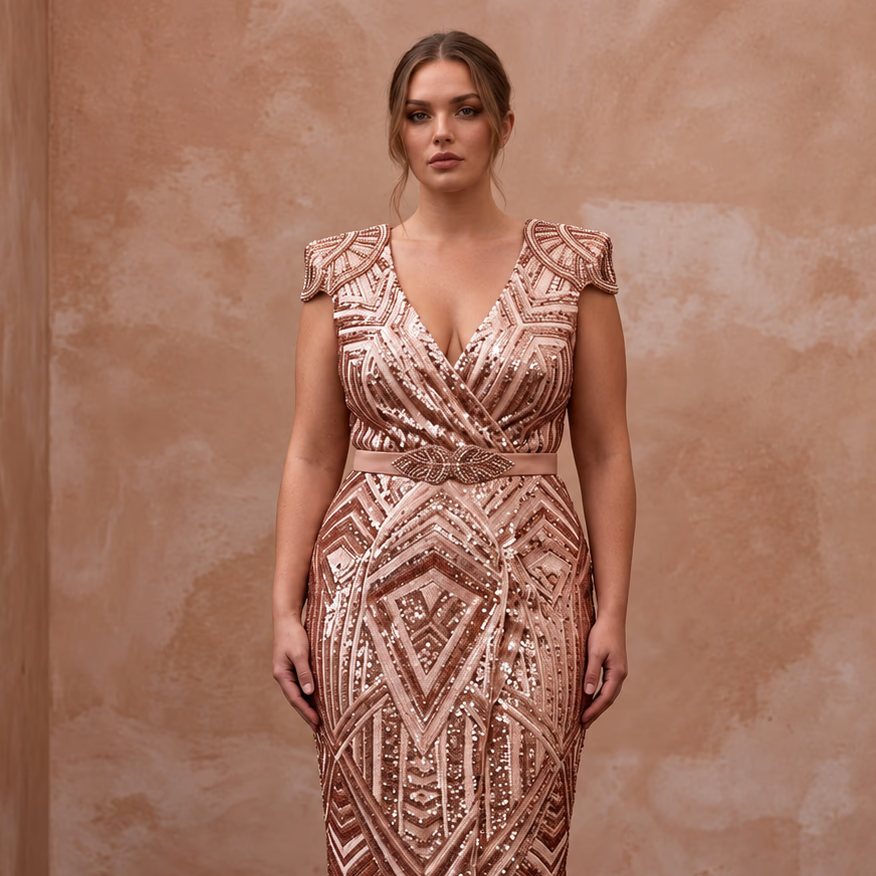 Plus Size Rose Gold Sequined Wrap Front Cocktail Dress
