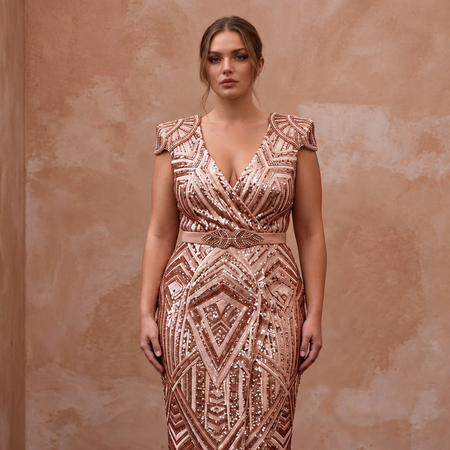 Plus Size Rose Gold Sequined Wrap Front Cocktail Dress