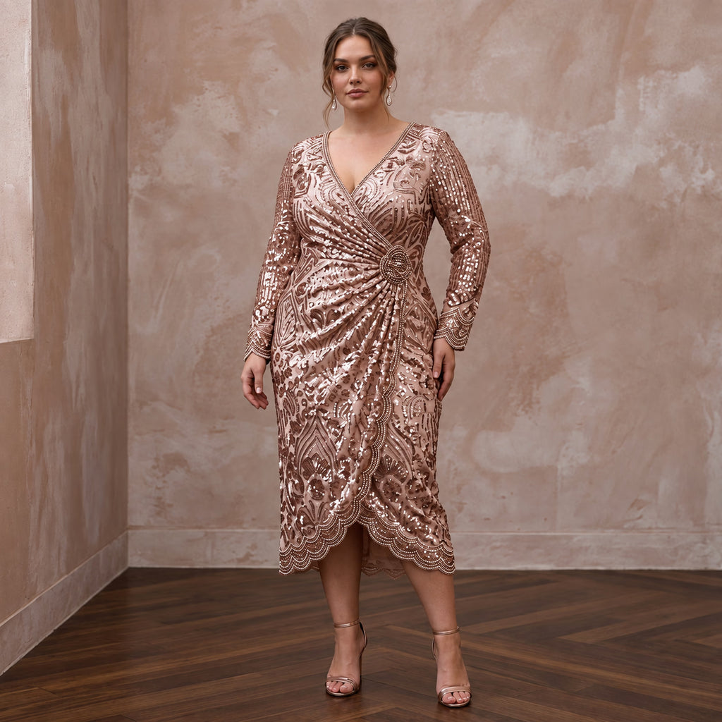 Plus Size Rose Gold Sequined Wrap Front Long Sleeve Cocktail Dress - Apparel & Accessories > Clothing > Wedding & Bridal Party Dresses > Wedding Dresses - Mignonette Bridal