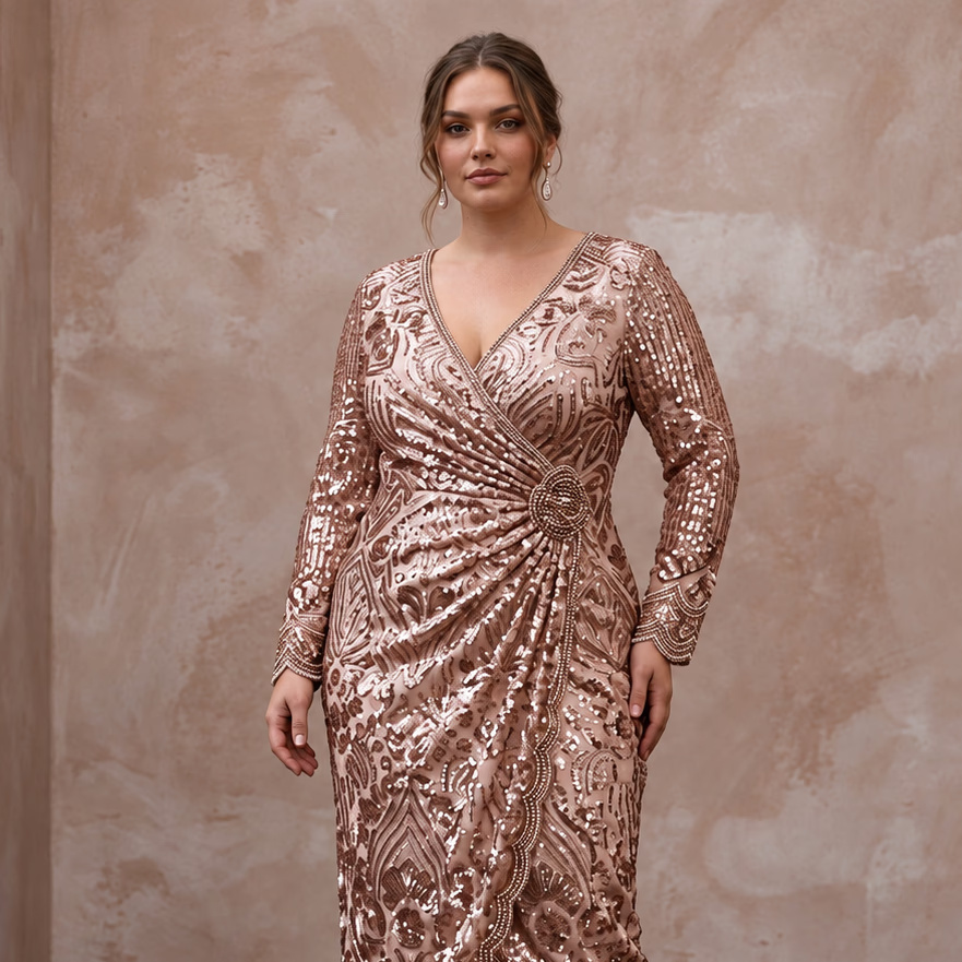 Plus Size Rose Gold Sequined Wrap Front Long Sleeve Cocktail Dress - Apparel & Accessories > Clothing > Wedding & Bridal Party Dresses > Wedding Dresses - Mignonette Bridal