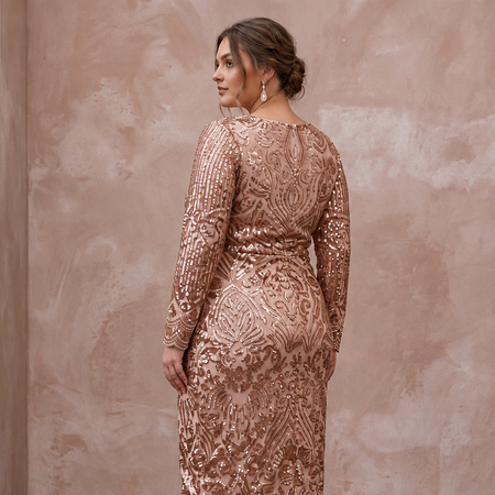 Plus Size Rose Gold Sequined Wrap Front Long Sleeve Cocktail Dress - Apparel & Accessories > Clothing > Wedding & Bridal Party Dresses > Wedding Dresses - Mignonette Bridal