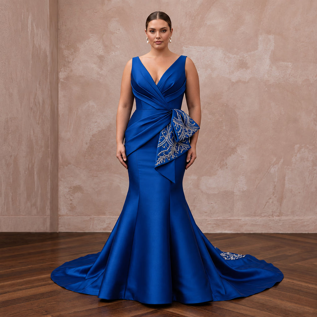 Plus Size Royal Blue Mikado Silk Trumpet Gown for Formal Reception