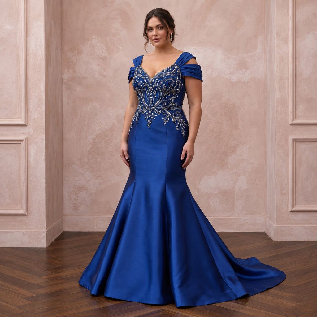 Plus Size Royal Blue Mikado Silk Trumpet Gown for Formal Reception
