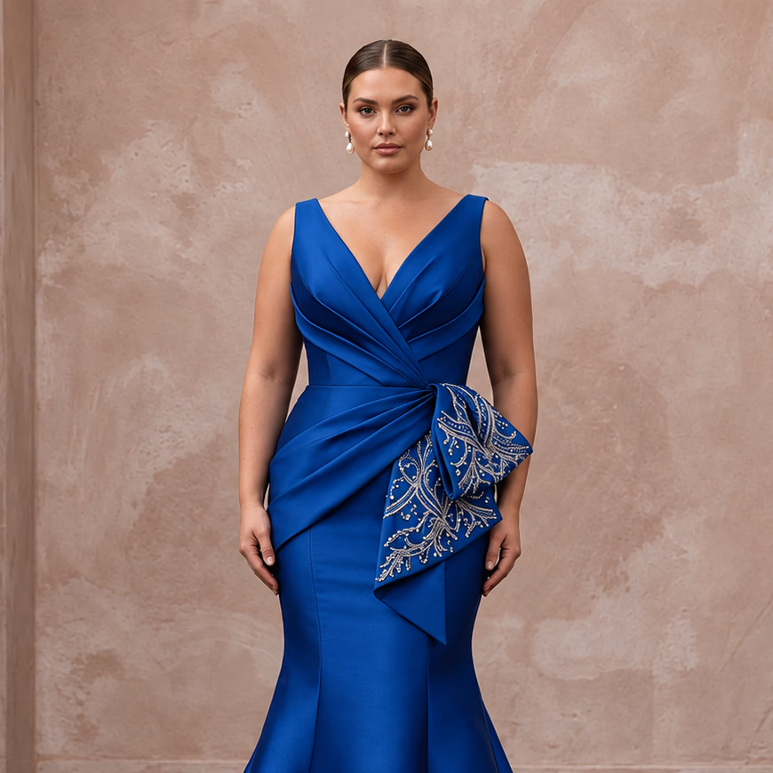 Plus Size Royal Blue Mikado Silk Trumpet Gown for Formal Reception