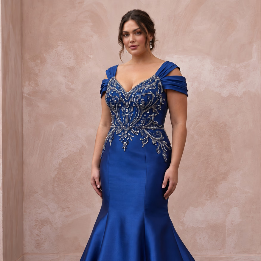 Plus Size Royal Blue Mikado Silk Trumpet Gown for Formal Reception