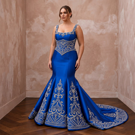 Plus Size Royal Blue Silk Mikado Basque Waist Trumpet Gown