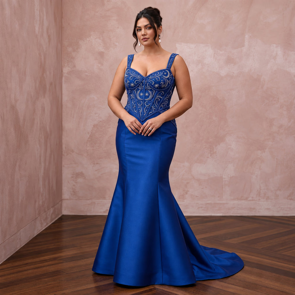 Plus Size Royal Blue Silk Mikado Basque Waist Trumpet Gown