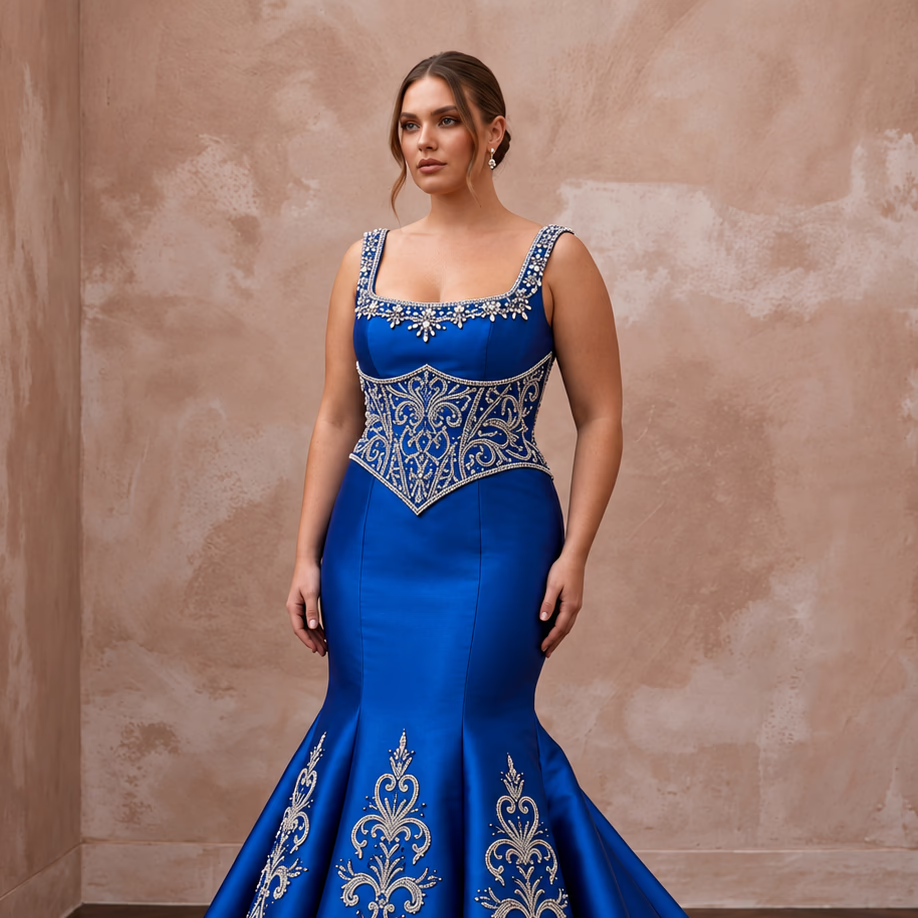 Plus Size Royal Blue Silk Mikado Basque Waist Trumpet Gown