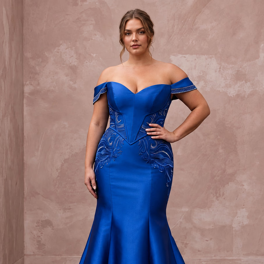 Plus Size Royal Blue Silk Mikado Basque Waist Trumpet Gown