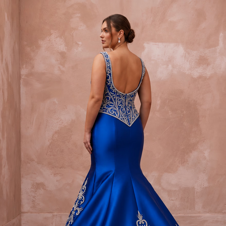 Plus Size Royal Blue Silk Mikado Basque Waist Trumpet Gown