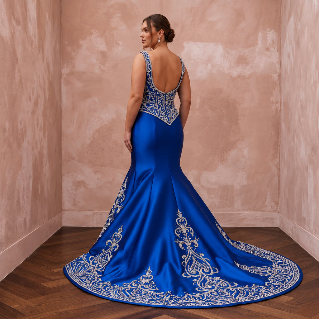 Plus Size Royal Blue Silk Mikado Basque Waist Trumpet Gown
