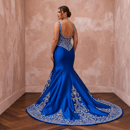 Plus Size Royal Blue Silk Mikado Basque Waist Trumpet Gown