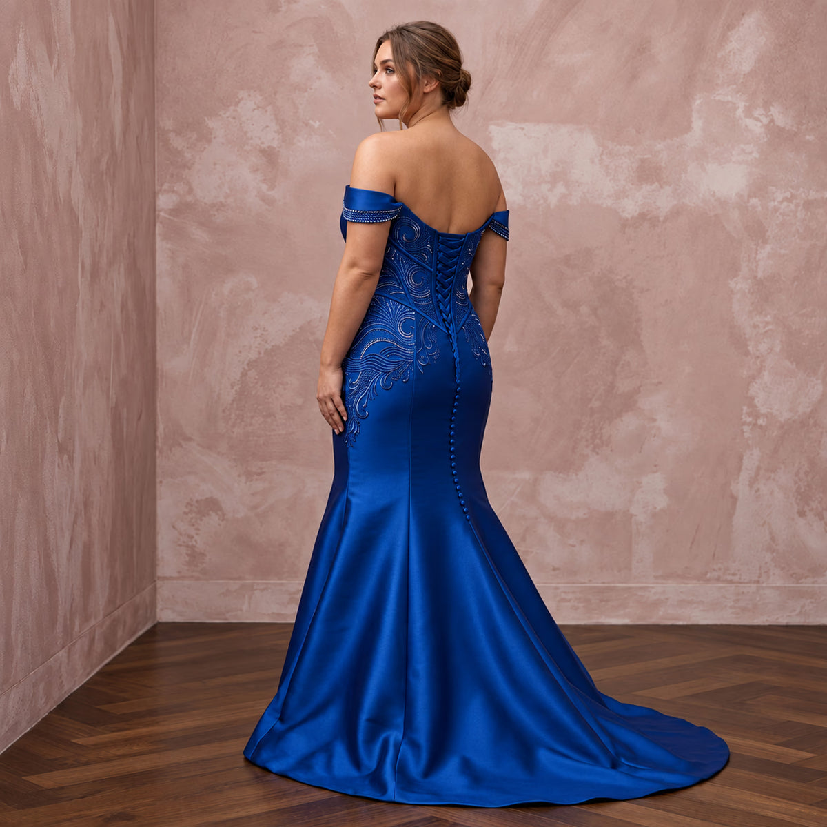 Plus Size Royal Blue Silk Mikado Basque Waist Trumpet Gown