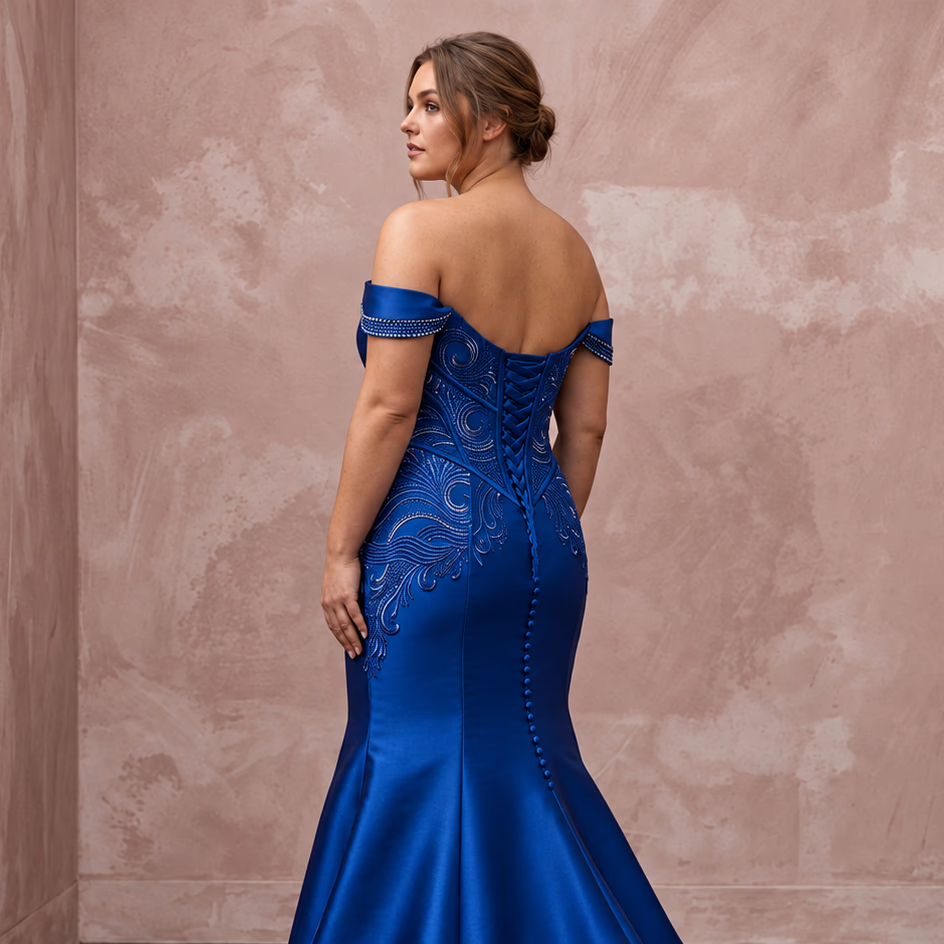 Plus Size Royal Blue Silk Mikado Basque Waist Trumpet Gown